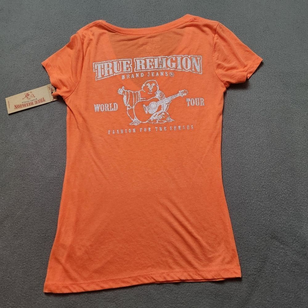 True Religion Women's T-Shirt Deep V-Neck Crystal Embellishment Buddha Logo Tee